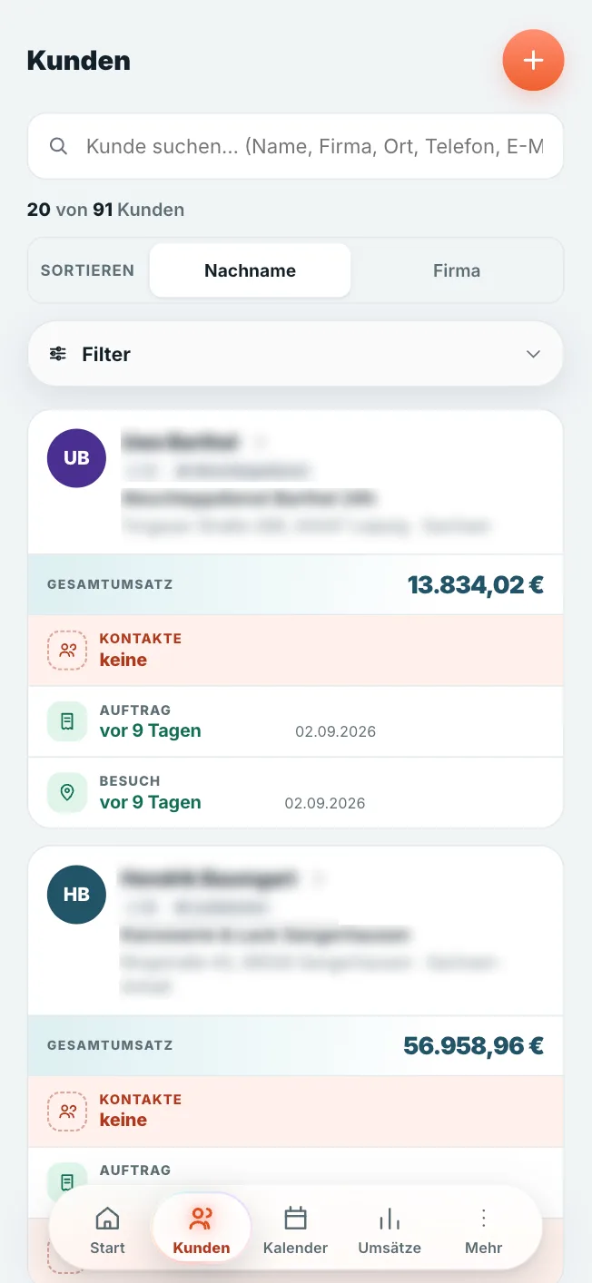 Kundoo Kundenkartei: durchsuchbare Kundenliste mit Kategorie, Ort und Gesamtumsatz (iPhone)