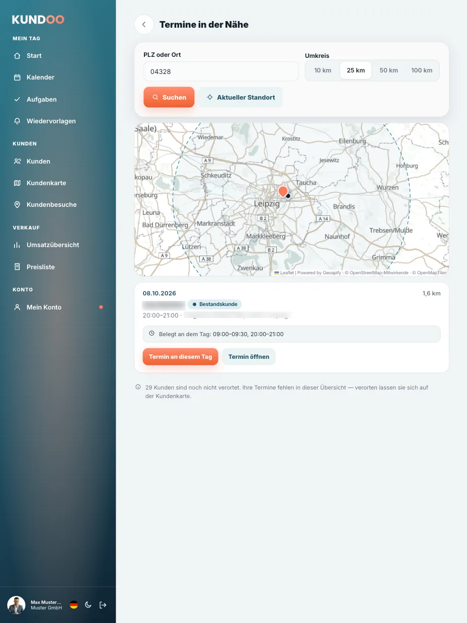 Kundoo Termine in der Nähe: Suche nach PLZ oder Ort mit Umkreis, Karte mit Suchpunkt und künftige Termine mit Entfernung und belegten Zeiten (iPad)