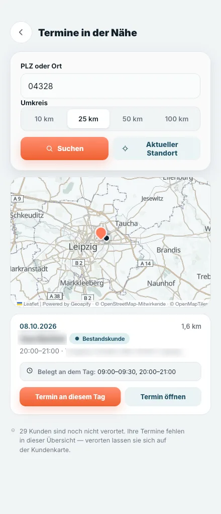 Kundoo Termine in der Nähe: Suche nach PLZ oder Ort mit Umkreis, Karte mit Suchpunkt und künftige Termine mit Entfernung und belegten Zeiten (iPhone)