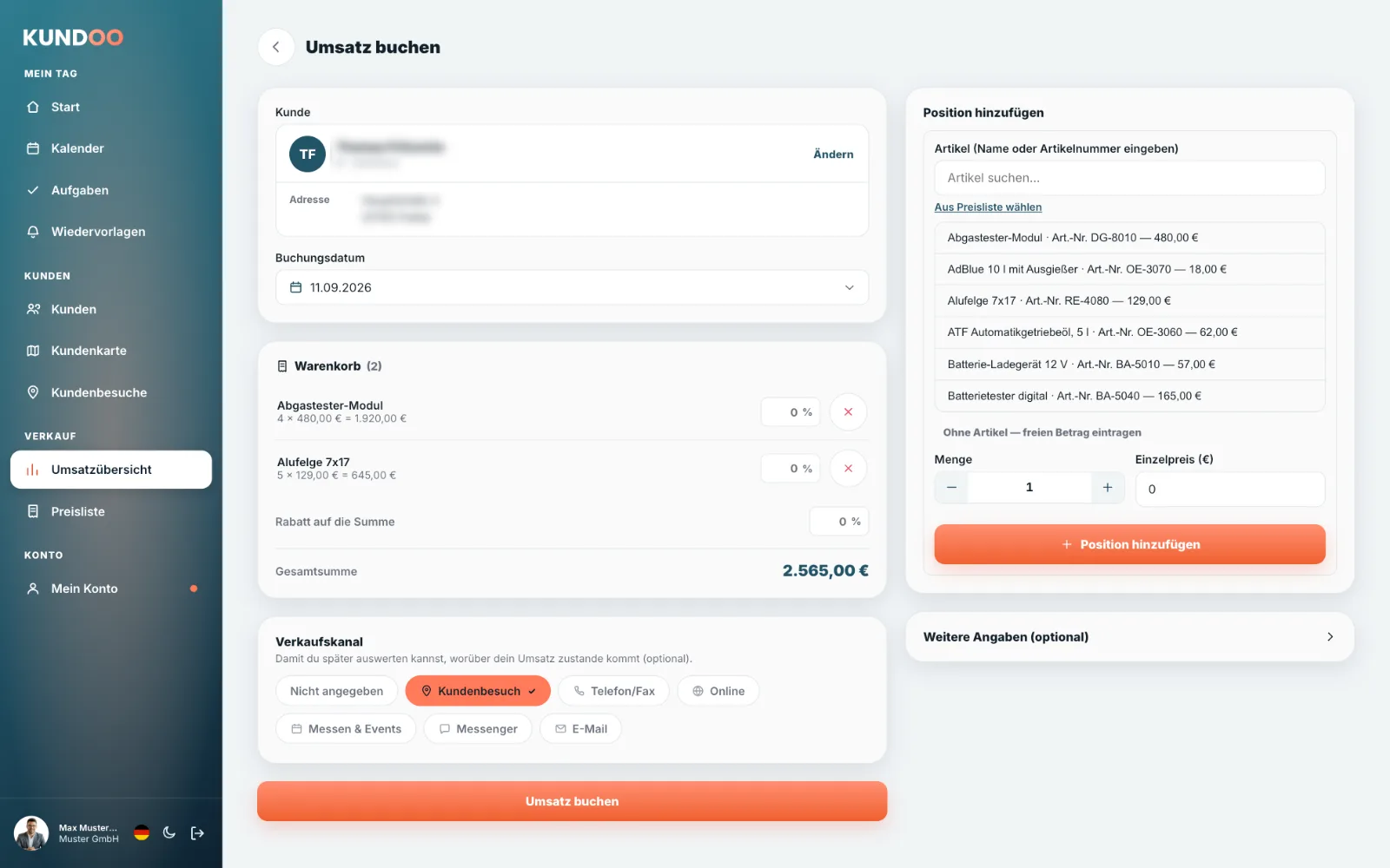 Kundoo Umsatz buchen: Kunde, Buchungsdatum, Warenkorb mit Artikeln aus der eigenen Preisliste, Rabatt und Verkaufskanal (MacBook)
