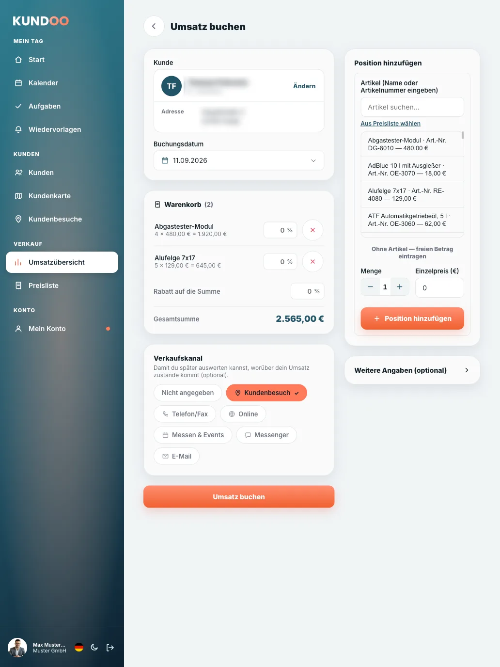 Kundoo Umsatz buchen: Kunde, Buchungsdatum, Warenkorb mit Artikeln aus der eigenen Preisliste, Rabatt und Verkaufskanal (iPad)