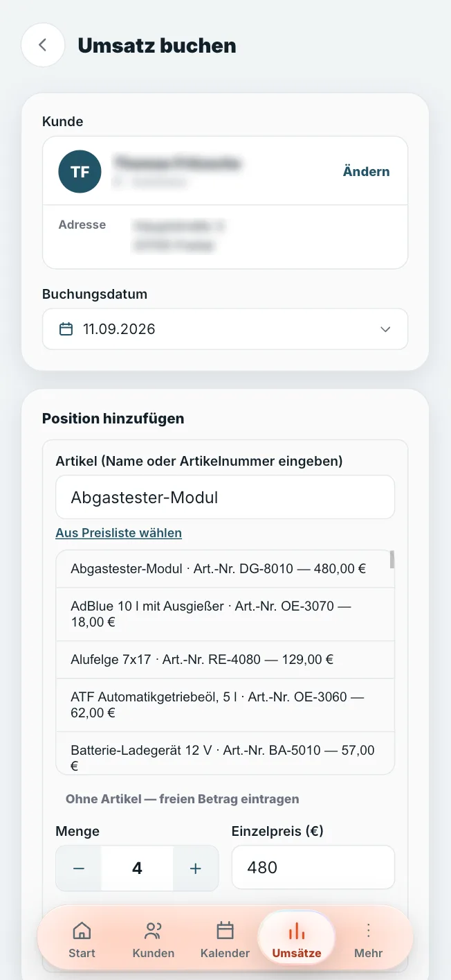 Kundoo Umsatz buchen: Kunde, Buchungsdatum, Warenkorb mit Artikeln aus der eigenen Preisliste, Rabatt und Verkaufskanal (iPhone)