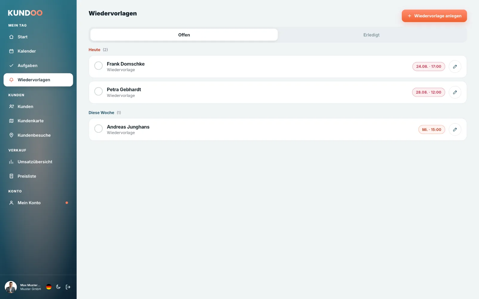 Kundoo Wiedervorlagen: fällige und überfällige Wiedervorlagen mit Datum, Uhrzeit und Notiz (MacBook)