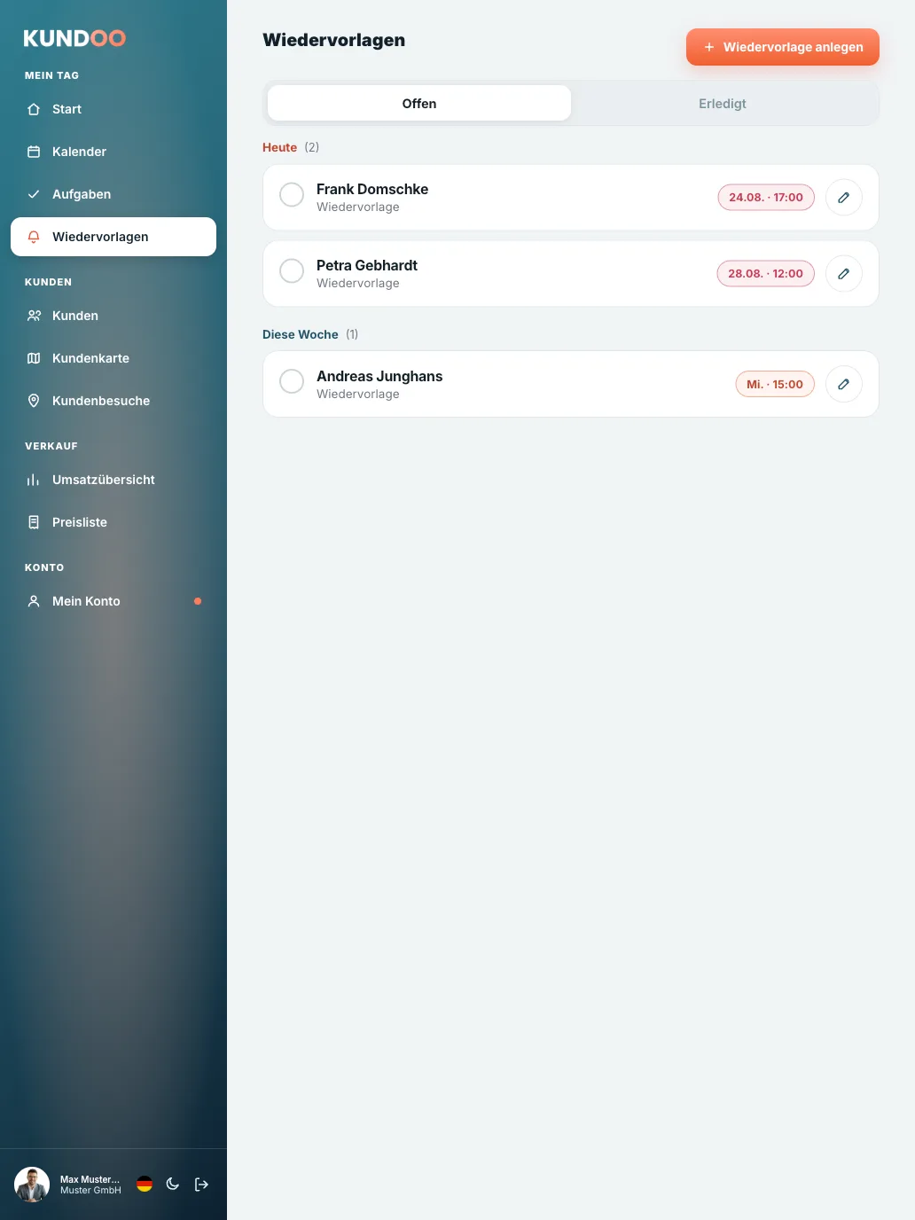 Kundoo Wiedervorlagen: fällige und überfällige Wiedervorlagen mit Datum, Uhrzeit und Notiz (iPad)