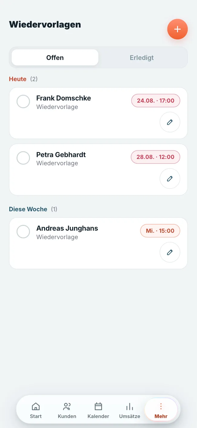 Kundoo Wiedervorlagen: fällige und überfällige Wiedervorlagen mit Datum, Uhrzeit und Notiz (iPhone)